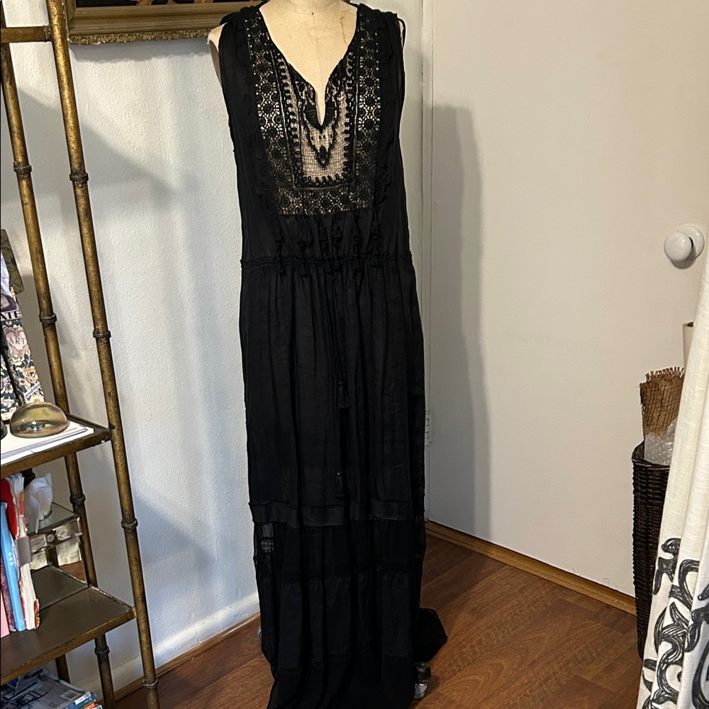 NWT Elie Tahari Jules Boho Black Lace Linen Maxi Dress
